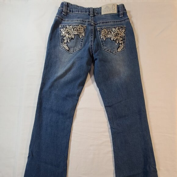Rockin C Girls Jeans Size 12 | Medium Wash Floral Embroidery Back Pocket Denim - Picture 5 of 11